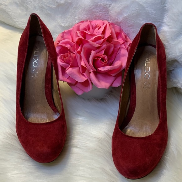 Aldo Burgundy Suede Platform Chunky Heels Pump - Picture 8 of 16